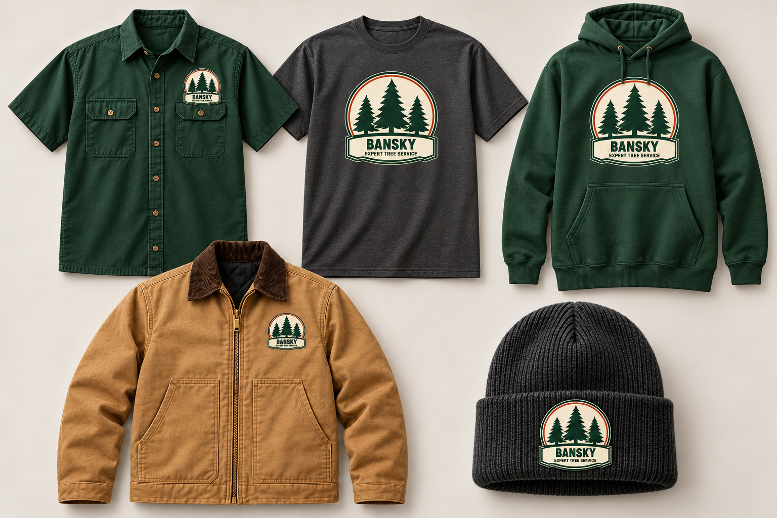 Owner-selected proposed Bansky workwear collection with the three-pine identity