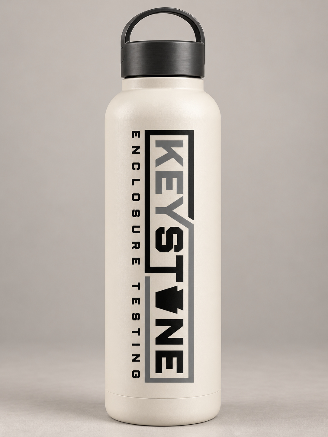 Approved Keystone insulated-bottle design concept with the intact vertical logo, shown in full