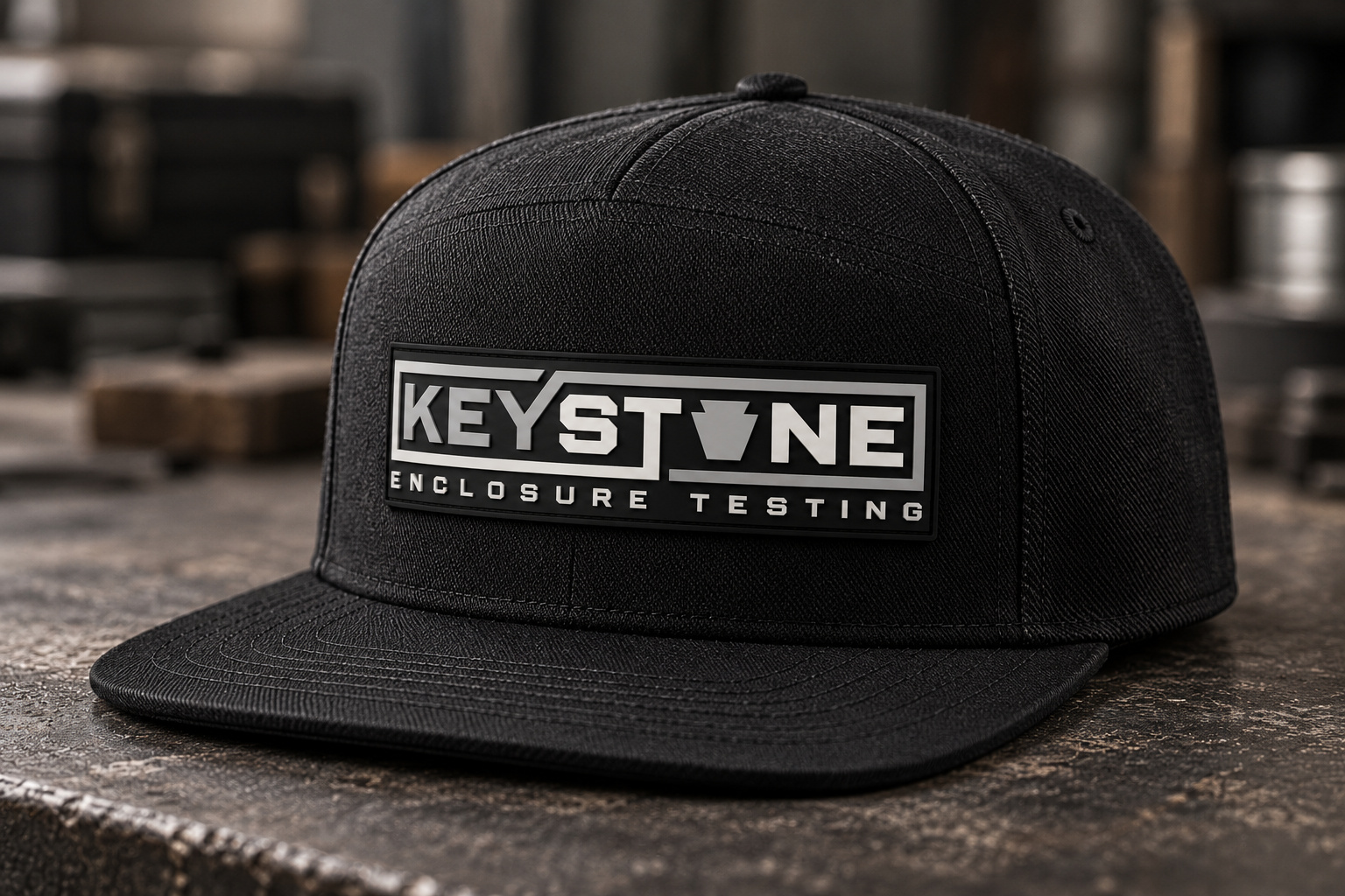 Approved black Keystone cap design concept with matte rubber patch on a textured workbench