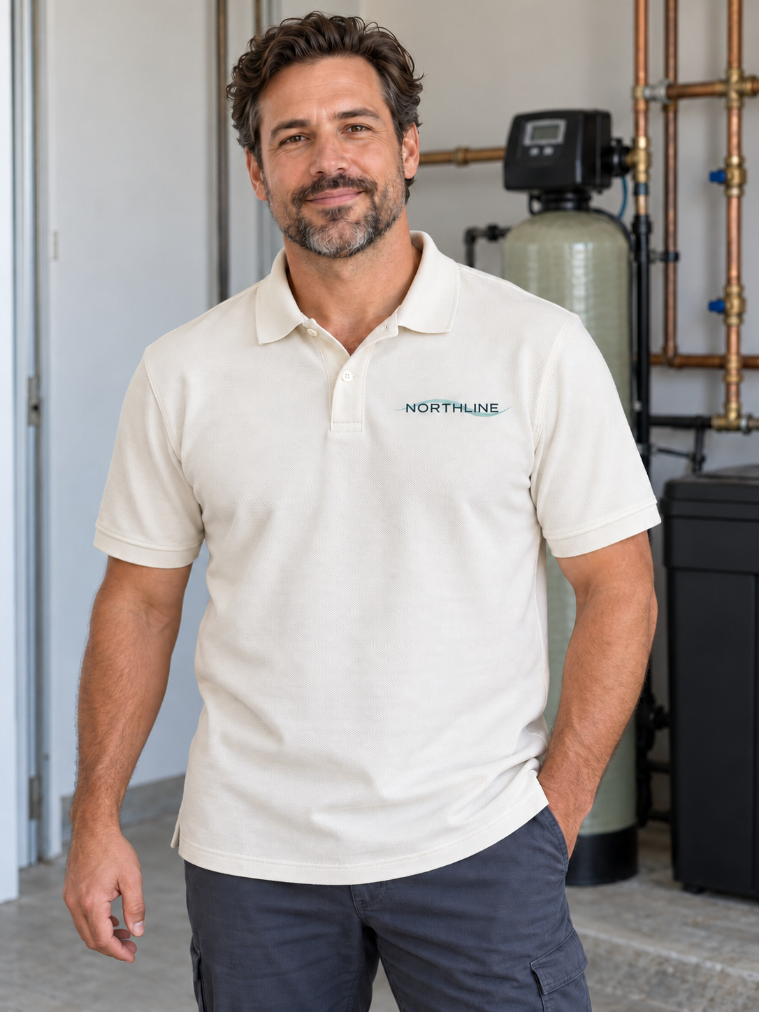 Approved fictional adult Northline installer in the normal-length polo design concept, empty relaxed hand